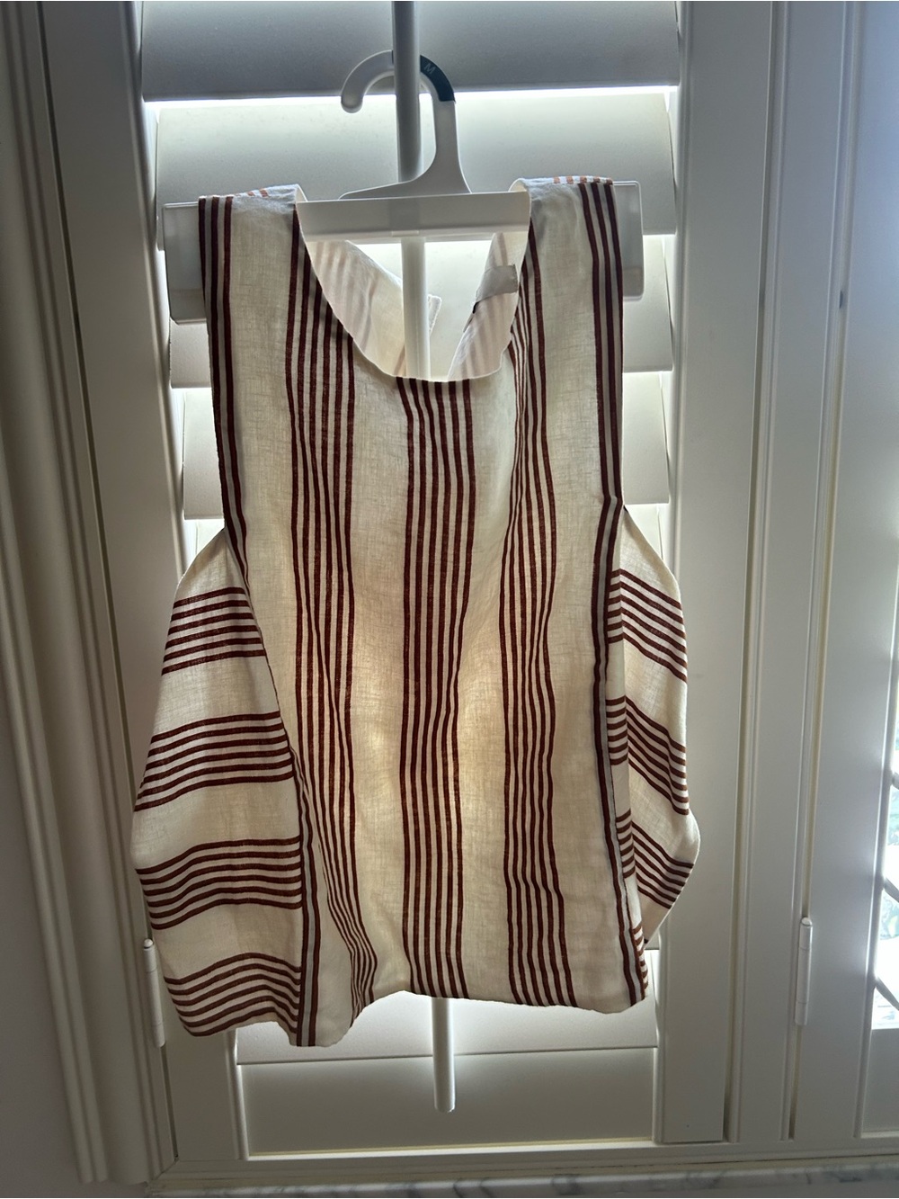 LOFT Cream Linen Tank Top with Burgundy Stripes
